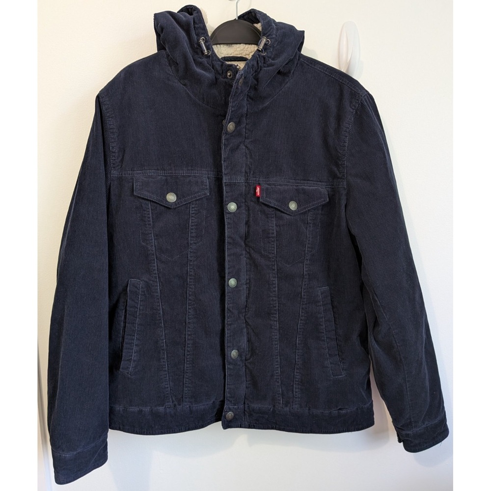 Levi's Corduroy Men's Hooded Trucker Jacket Sherpa Size M Navy Classic Outdoor